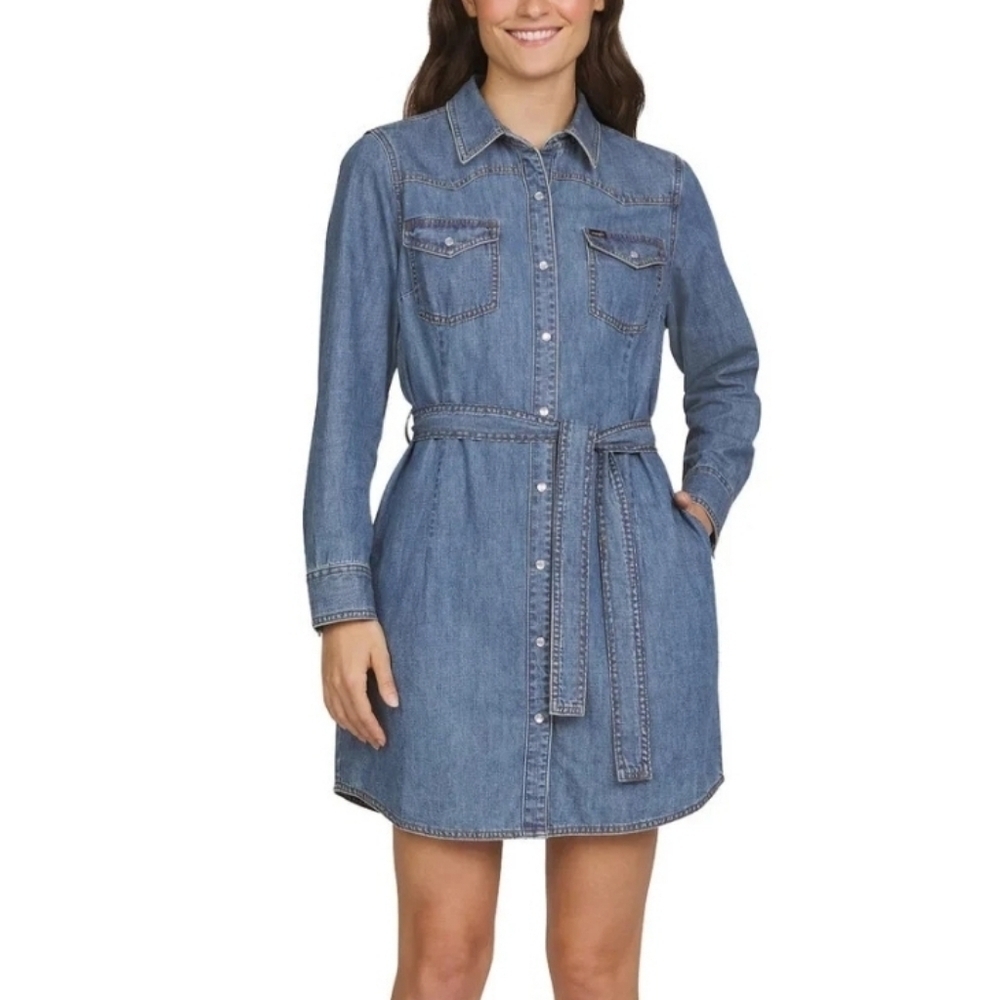 Wrangler Women's Long Sleeve Western Snap Front Denim Shirt Dress Blue Size XXL